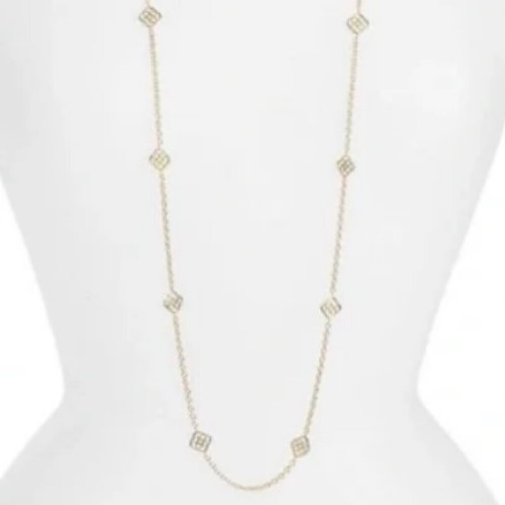 Rare! Kendra Scott Devalyn Long Station Necklace Logo Medallion Gold Plated